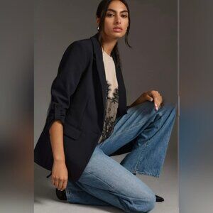 Maeve Anthropologie Black Roll Tab Classic Black Blazer Single Breast